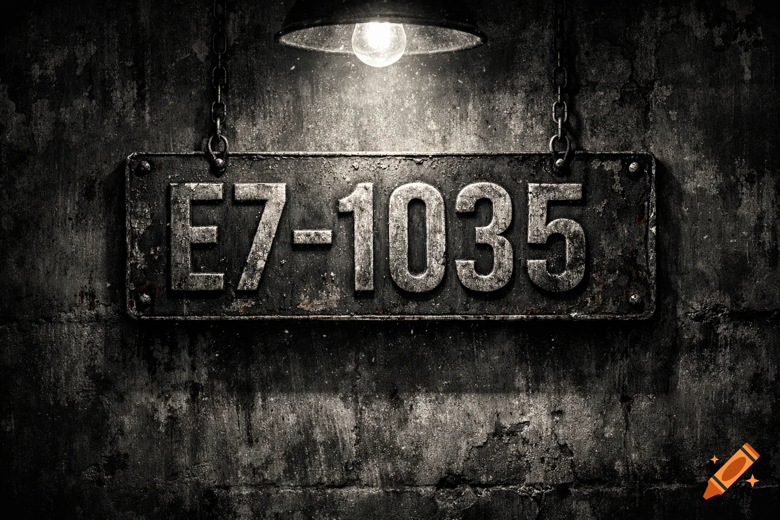 A grungy metal sign with the number E7-1035 hangs by chains from a dark wall, lit by a single bare lightbulb.
