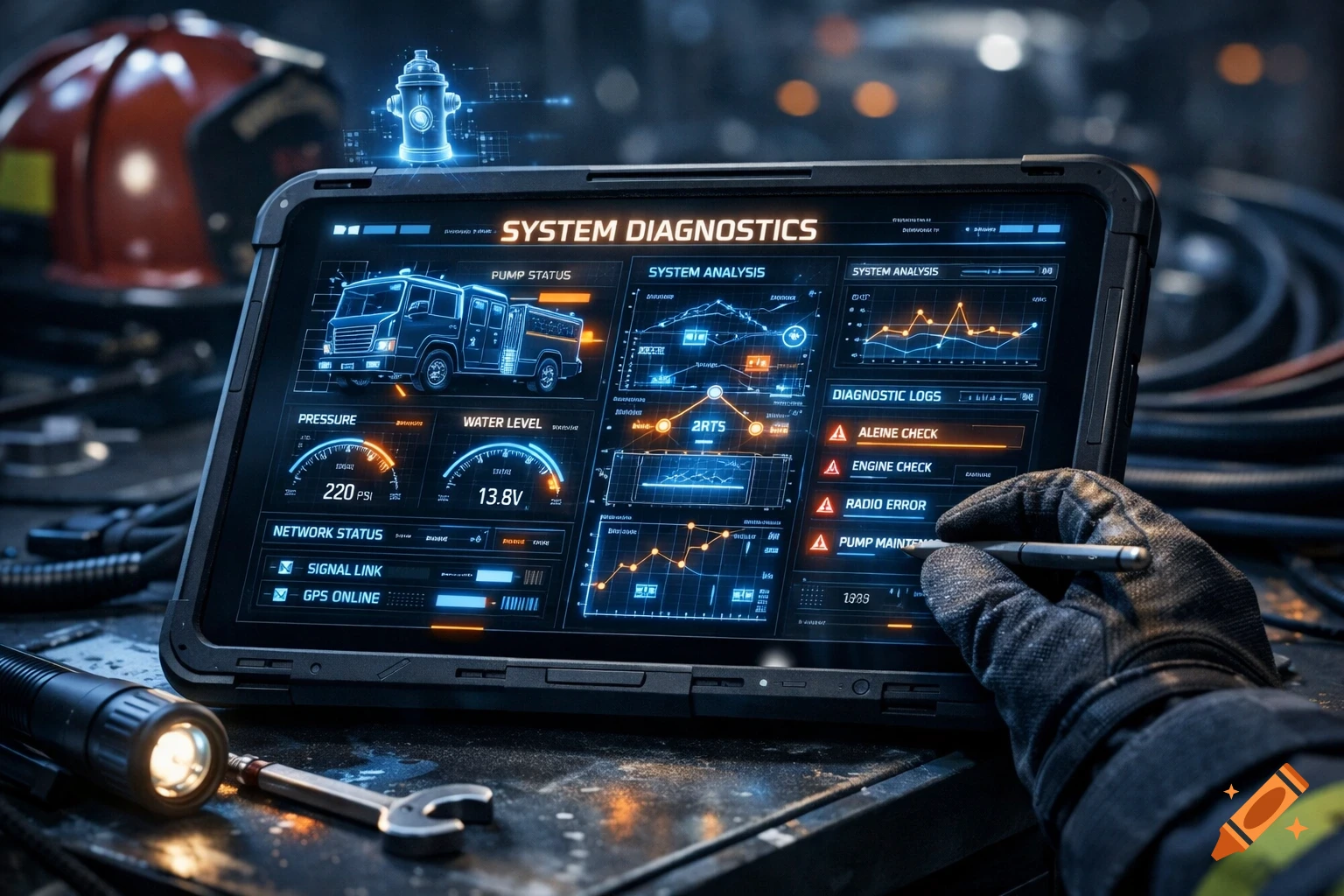 A gloved hand interacting with a rugged tablet displaying system diagnostics for a fire truck, with a fire helmet and hydrant in the background. Photorealistic style.
