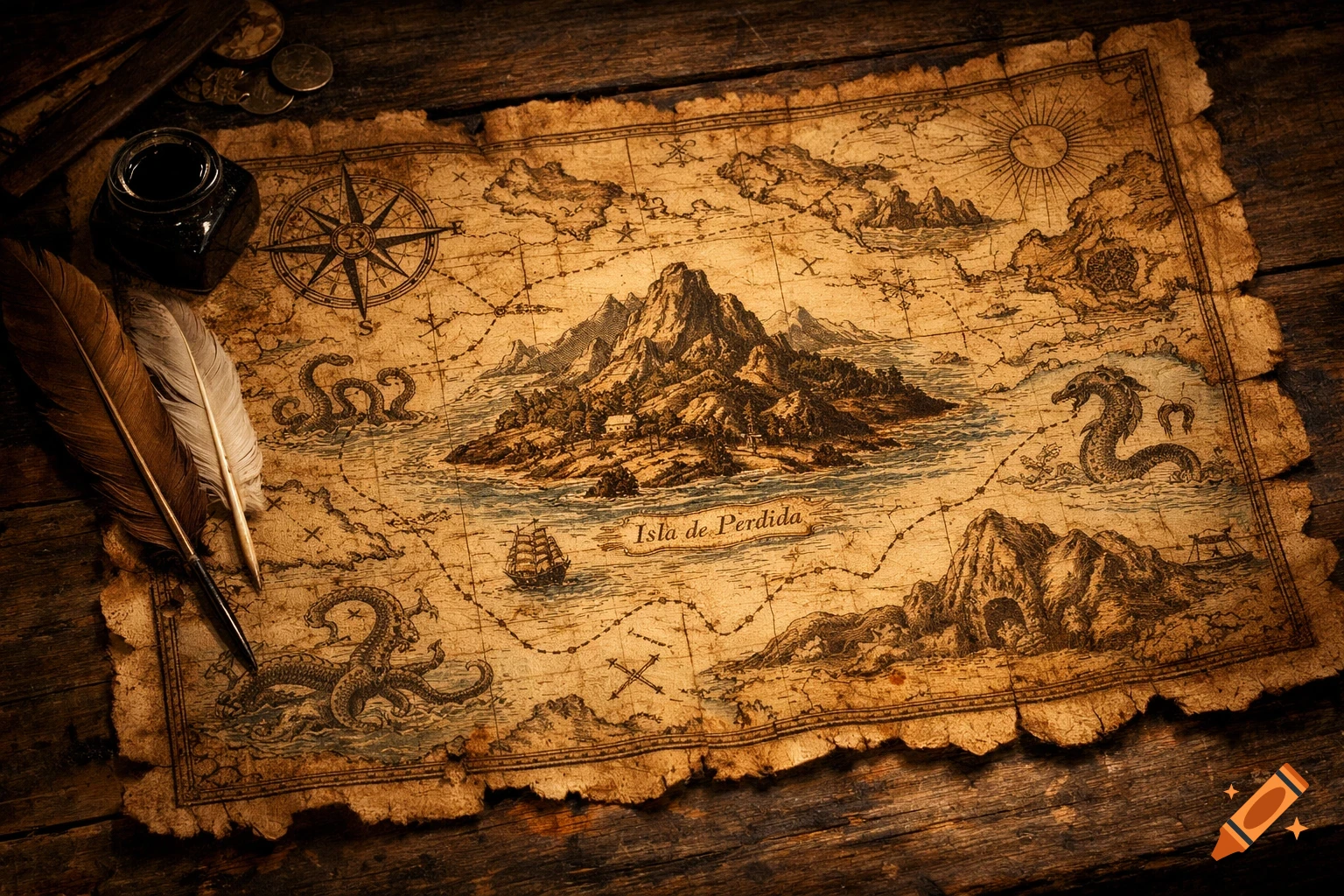 A detailed, vintage-style pirate map with an island, sailing ship, compass rose, sea monsters, and feathers on a wooden table.