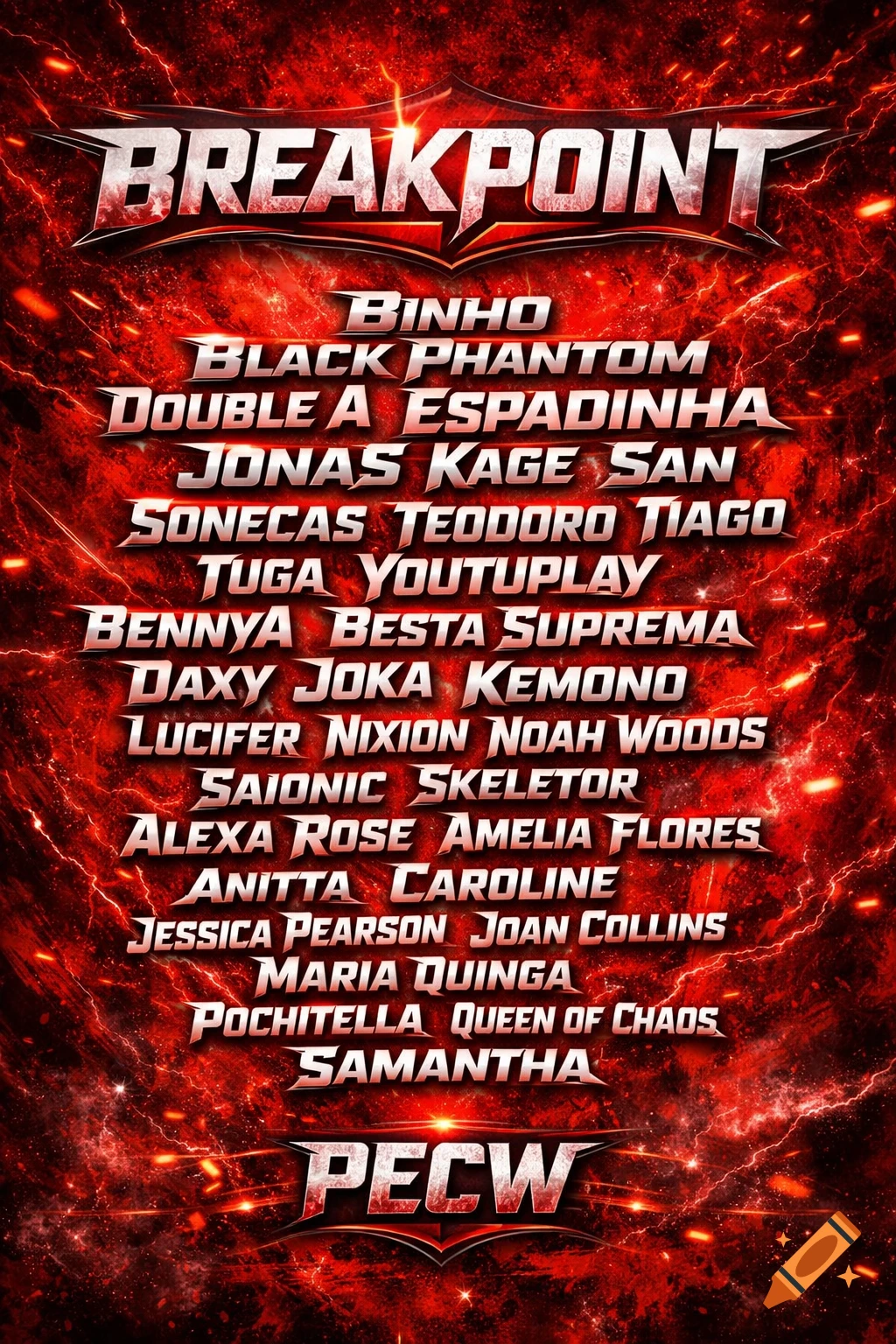A red and black wrestling roster poster for "BREAKPOINT" by PECW, listing multiple names in white text with red outlines.