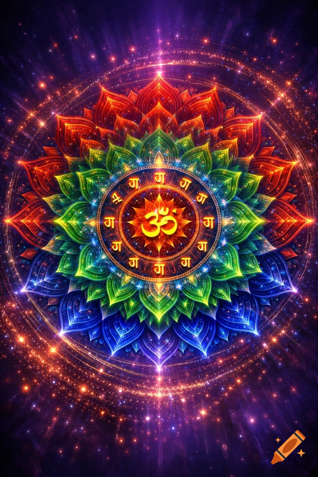 A vibrant, glowing mandala in rainbow colors with a central Om symbol and Sanskrit characters, against a sparkling cosmic background.
