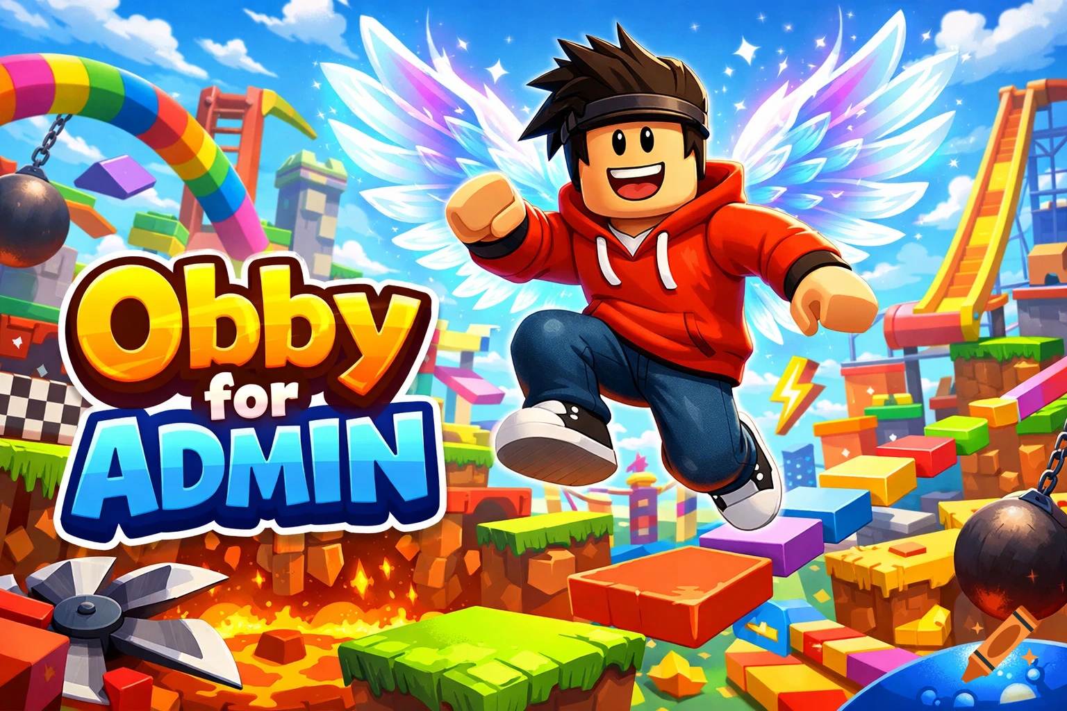 A cartoon Roblox-style character with glowing wings jumps over colorful obstacles in a vibrant game world with the text 'Obby for ADMIN'.