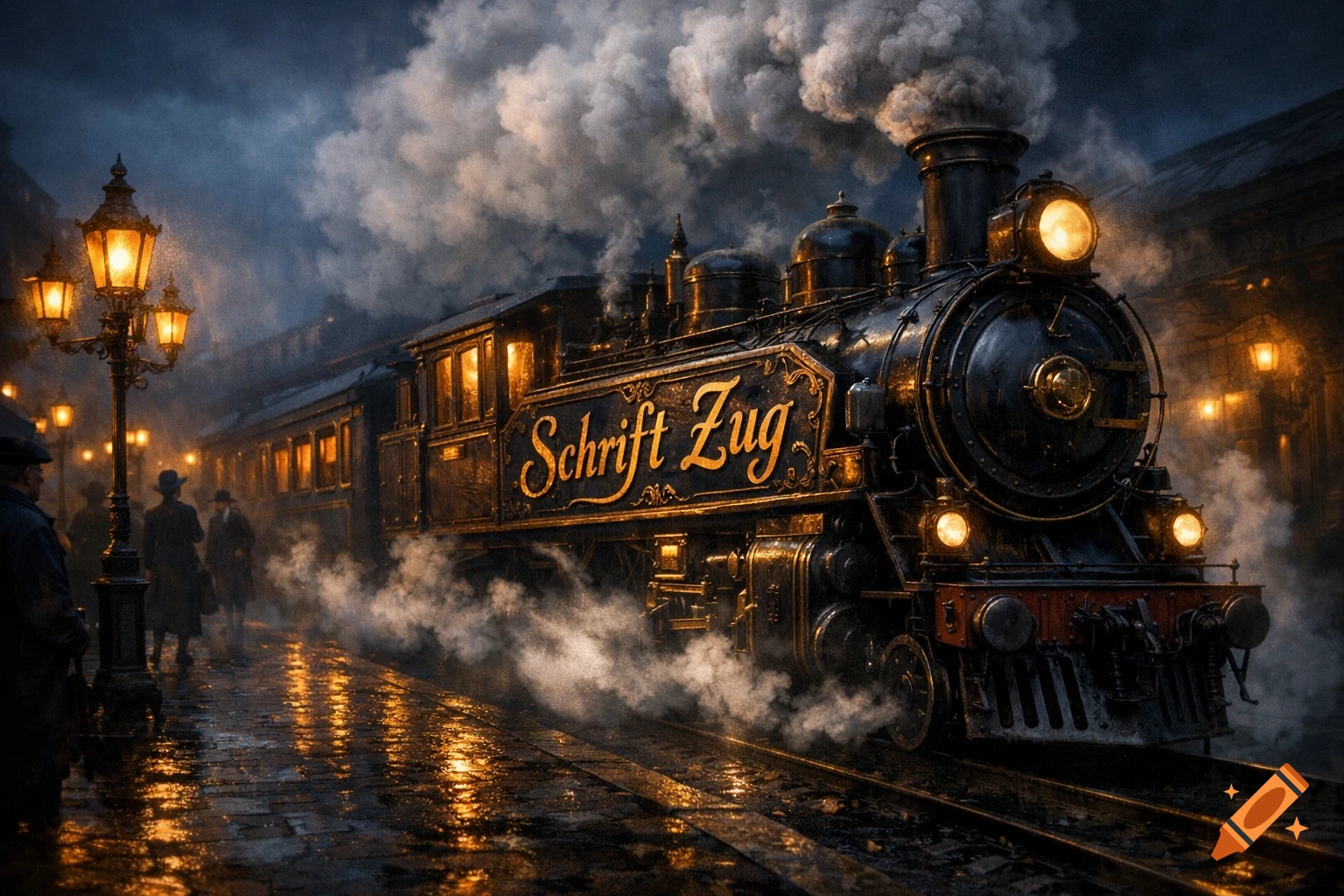 A vintage steam train, labeled 'Schrift Zug', at a bustling station at night, bathed in the warm glow of gas lamps, with people on the platform.