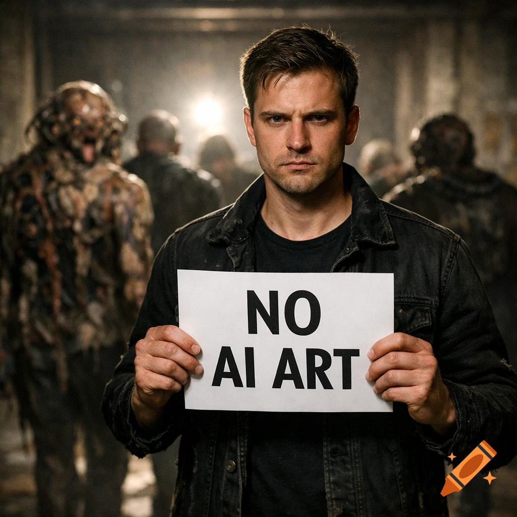 A serious man holds a sign reading 'NO AI ART' in front of blurry zombie-like figures in a dark, gritty setting.
