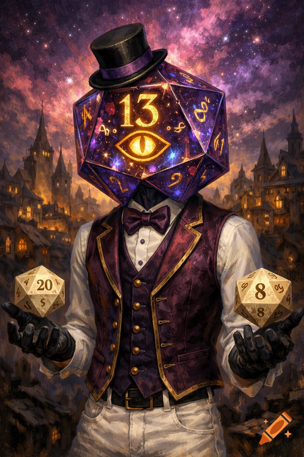 A dapper fantasy character with a glowing purple D20 die head, top hat, and vest, holding two D20 dice in front of a mystical city and galaxy sky, fantasy illustration.