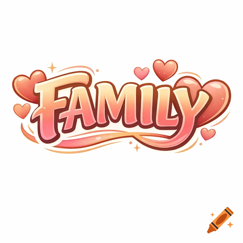 Stylized pink and orange 'FAMILY' text logo with multiple hearts and sparkles on a white background.