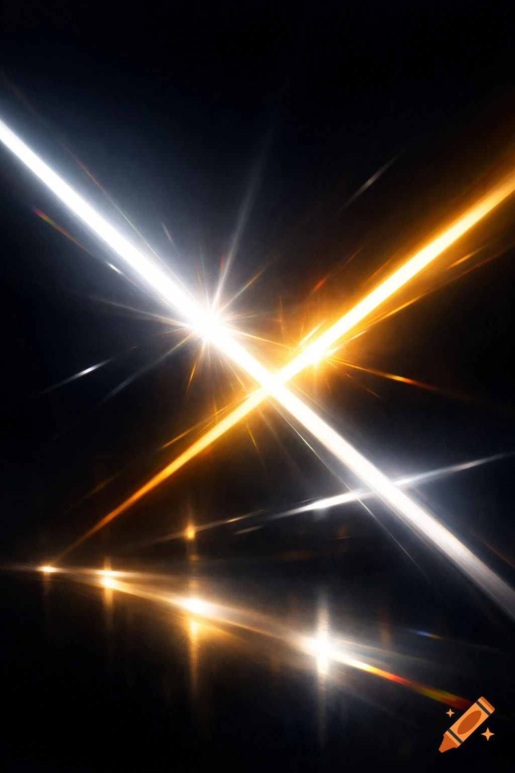 Bright white and orange-yellow light beams cross in a starburst pattern on a dark background with reflections.