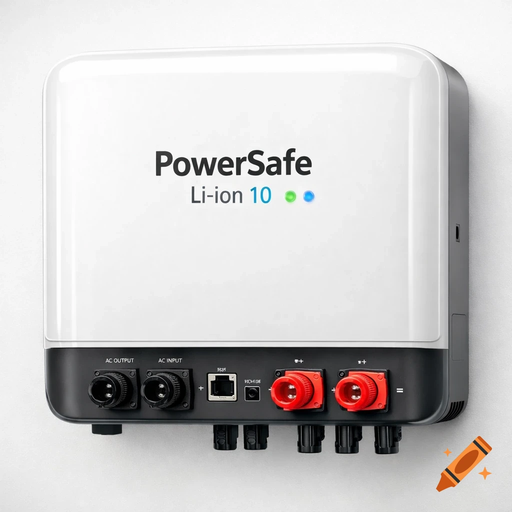 Photorealistic product photo of a white PowerSafe Li-ion 10 home energy storage system mounted on a wall, showing its AC and DC connections.