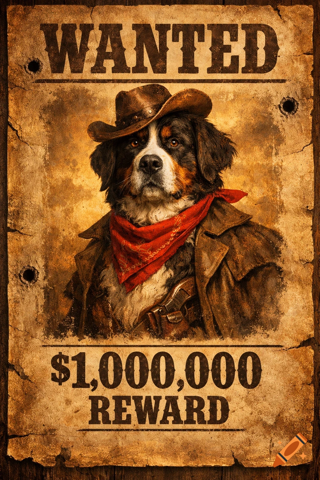A Bernese Mountain Dog dressed as a cowboy on a vintage 'Wanted' poster, with '$1,000,000 REWARD' text.