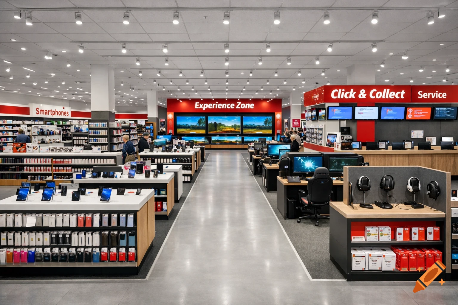 Photorealistic interior of a modern electronics store with display tables of smartphones, tablets, computers, and TVs, featuring an 'Experience Zone' sign.