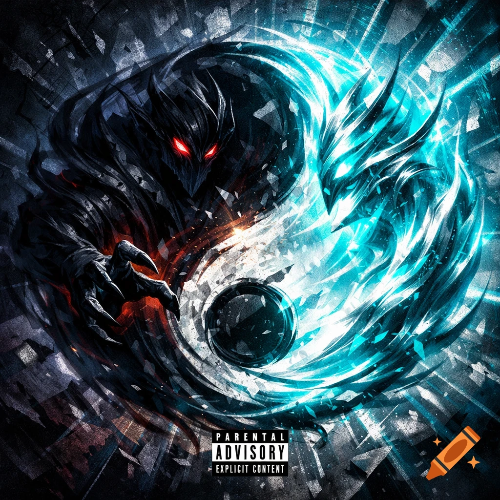 A stylized dark monster with red eyes and a glowing blue monster form a Yin and Yang design for a rap album cover.