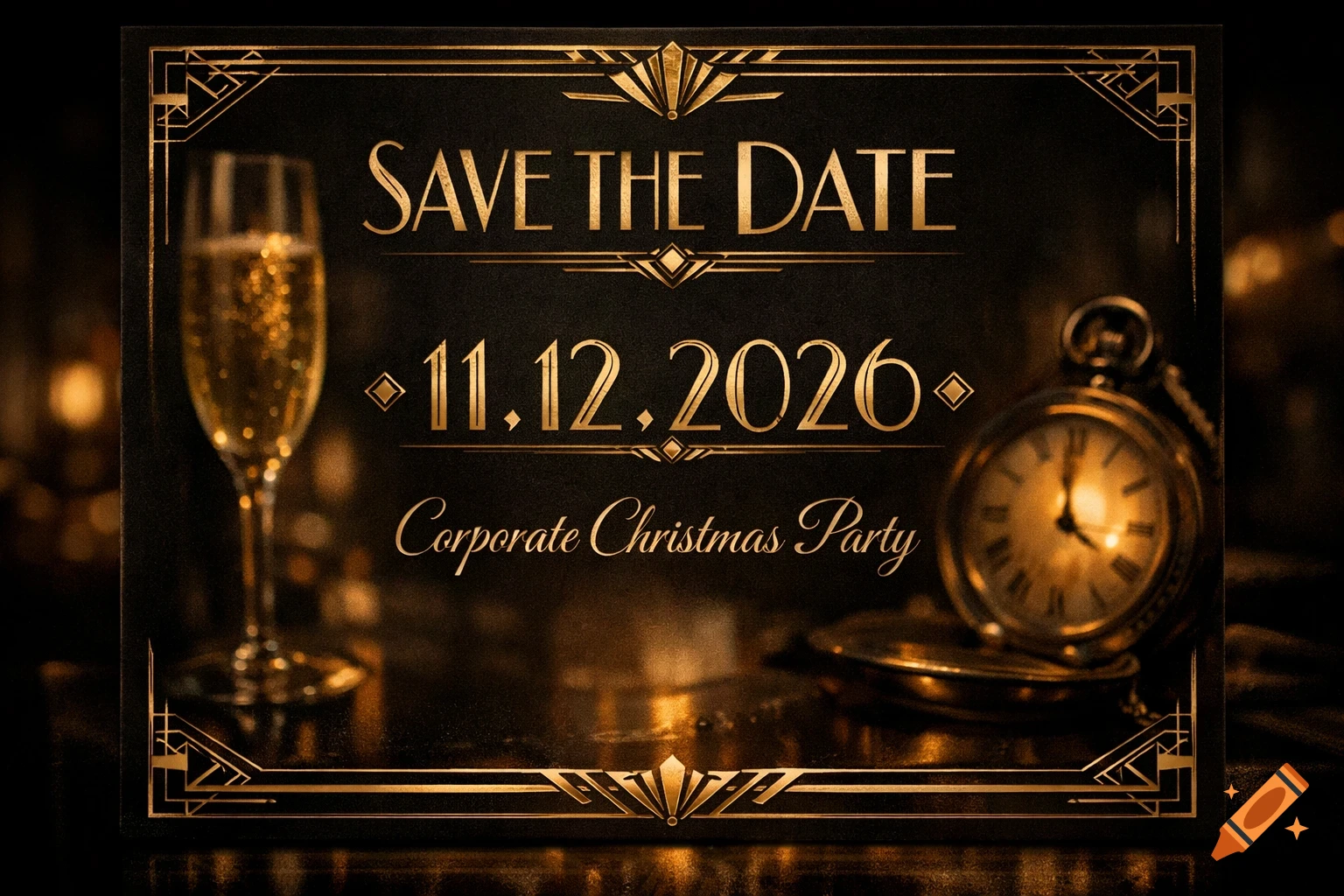 Elegant black and gold Art Deco 'Save the Date' card for '11.12.2026 Corporate Christmas Party' with a champagne glass and pocket watch.