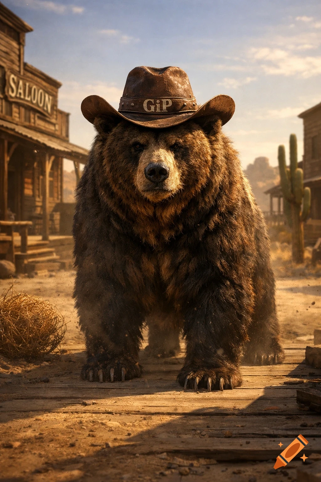 A photorealistic grizzly bear wearing a brown cowboy hat with 'GiP' on it stands on a wooden boardwalk in a dusty Wild West town with a saloon in the background.