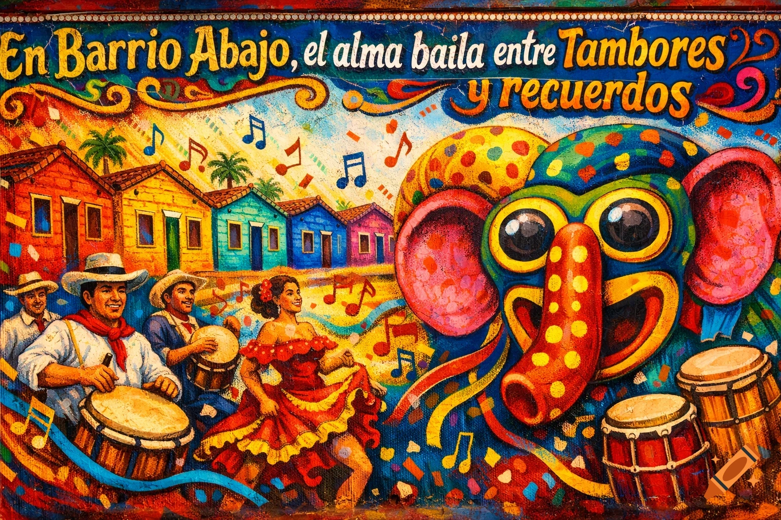 Vibrant Latin American mural of a carnival scene with people playing drums, colorful houses, music notes, and a Marimonda mask. Text reads: "En Barrio Abajo, el alma baila entre tambores y recuerdos".