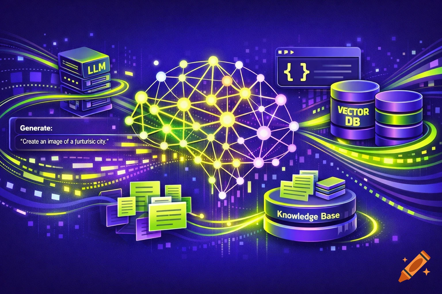 Stylized illustration of AI concepts with glowing brain, LLM stacks, vector databases, and knowledge base against a dark blue background with data streams.