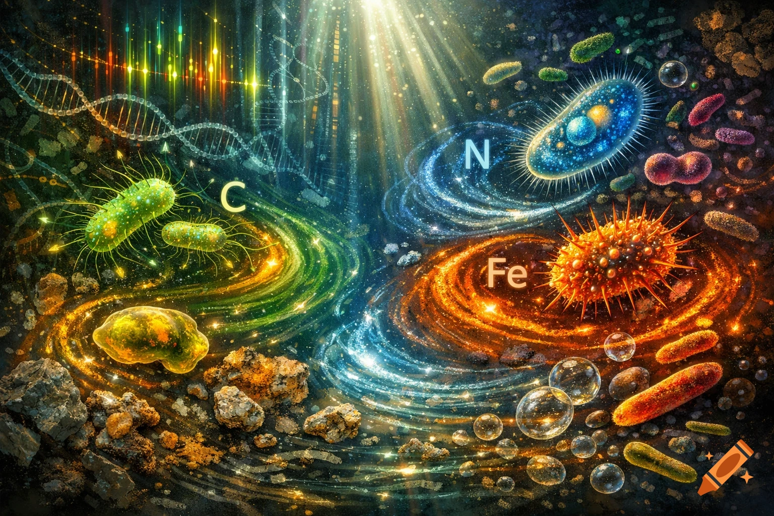 Vibrant illustration of microorganisms, DNA, and glowing C, N, Fe symbols in a swirling, cosmic-like microscopic world.