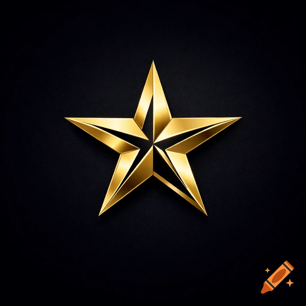 A metallic golden five-pointed star logo with faceted surfaces on a dark, textured background.