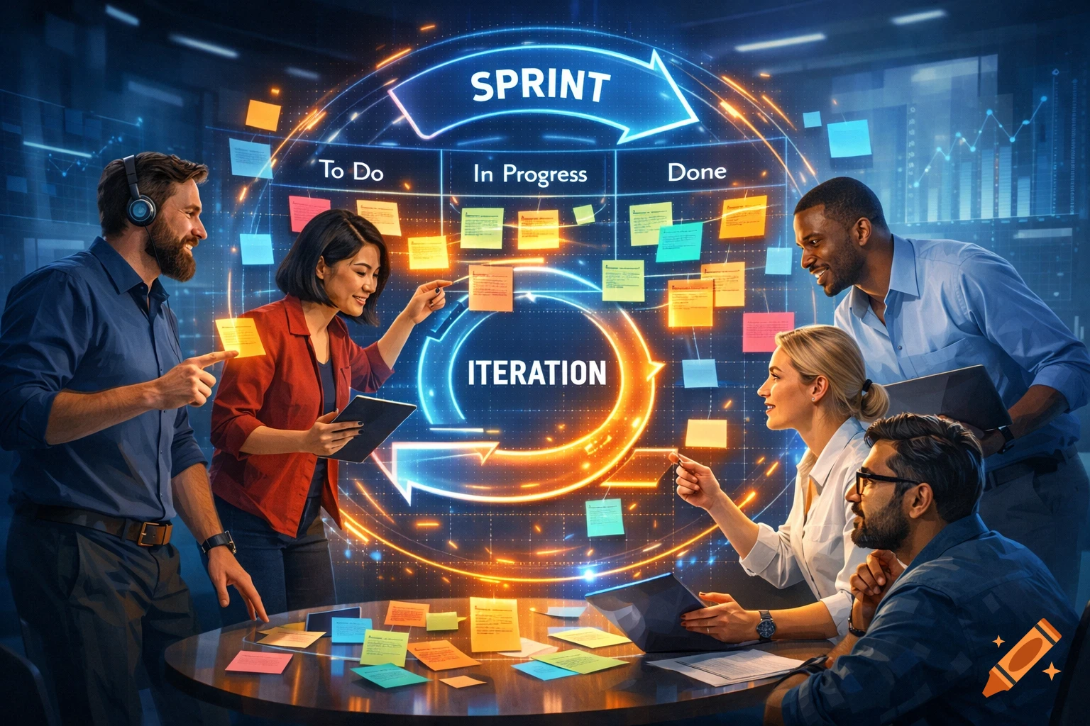 Diverse team collaborating around a table with a glowing digital scrum board illustrating the 'SPRINT' and 'ITERATION' process.
