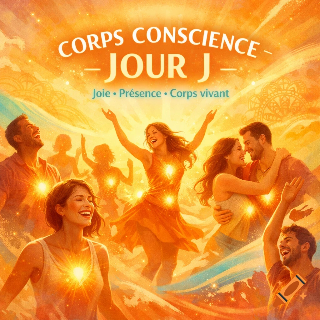 A group of diverse, joyful people in a radiant golden setting, laughing and dancing with open arms. Text: 'CORPS CONSCIENCE - JOUR J'.