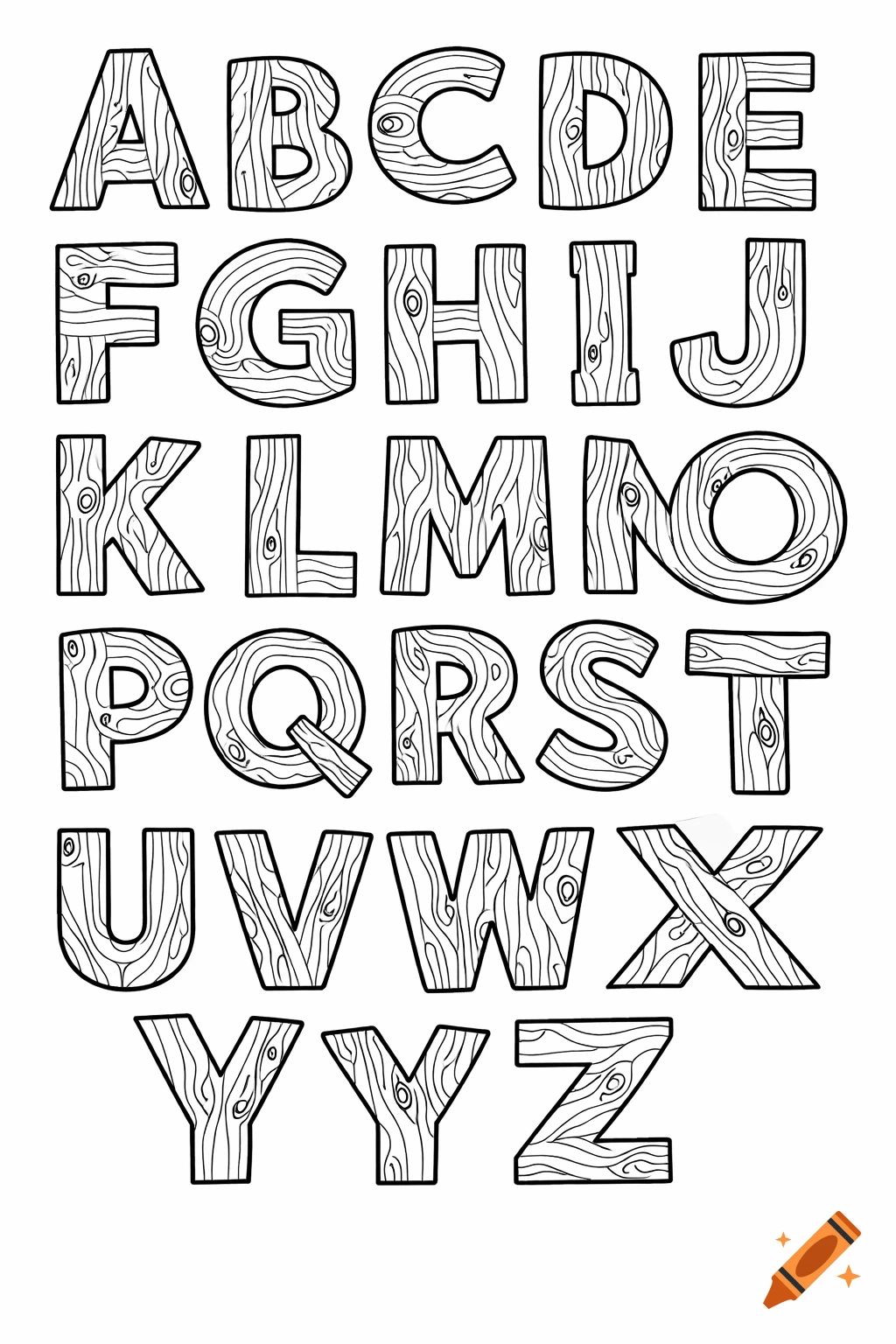 Black and white coloring page featuring the uppercase English alphabet letters from A to Z, each designed with a wood grain texture.
