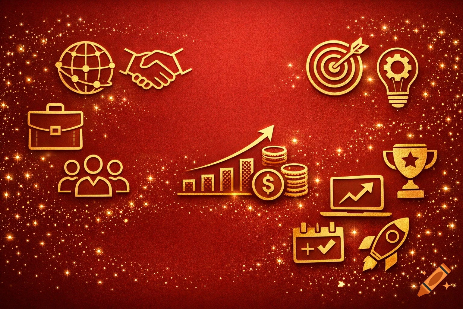 Gold business and finance icons on a sparkling red background.