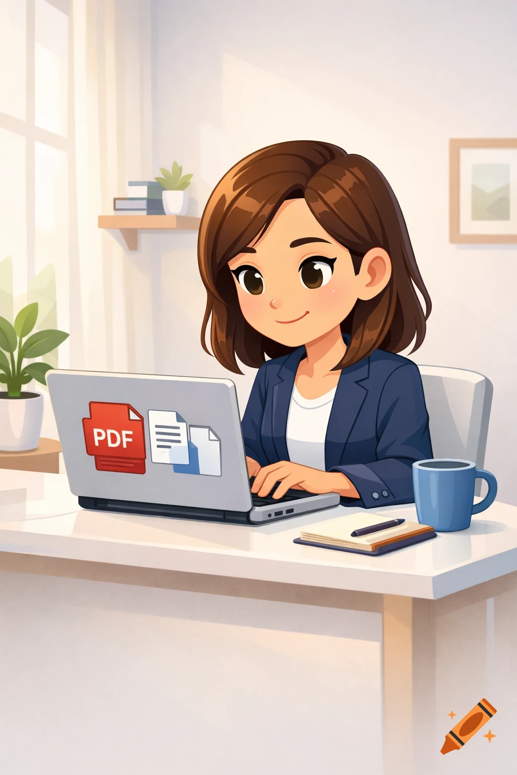 A smiling cartoon woman with brown hair in a blue blazer works on a laptop showing PDF icons at a clean home office desk.