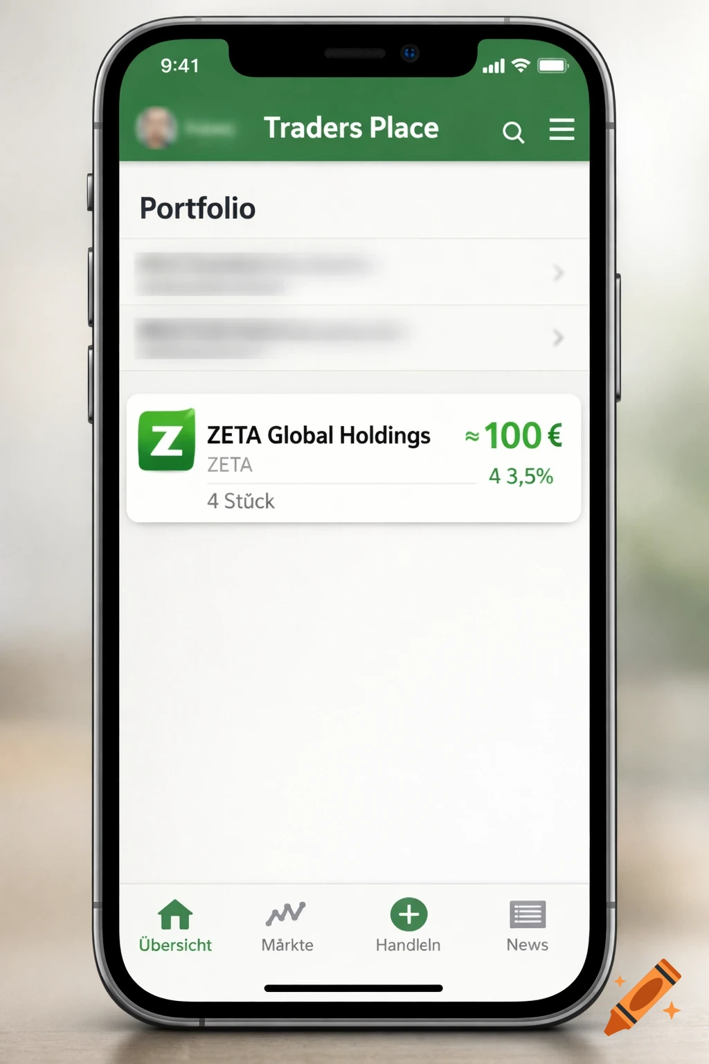 Photorealistic mockup of an iPhone showing a fictional trading app 'Traders Place' with a 'Portfolio' view. It displays 'ZETA Global Holdings' with a value of '≈ 100 €'.