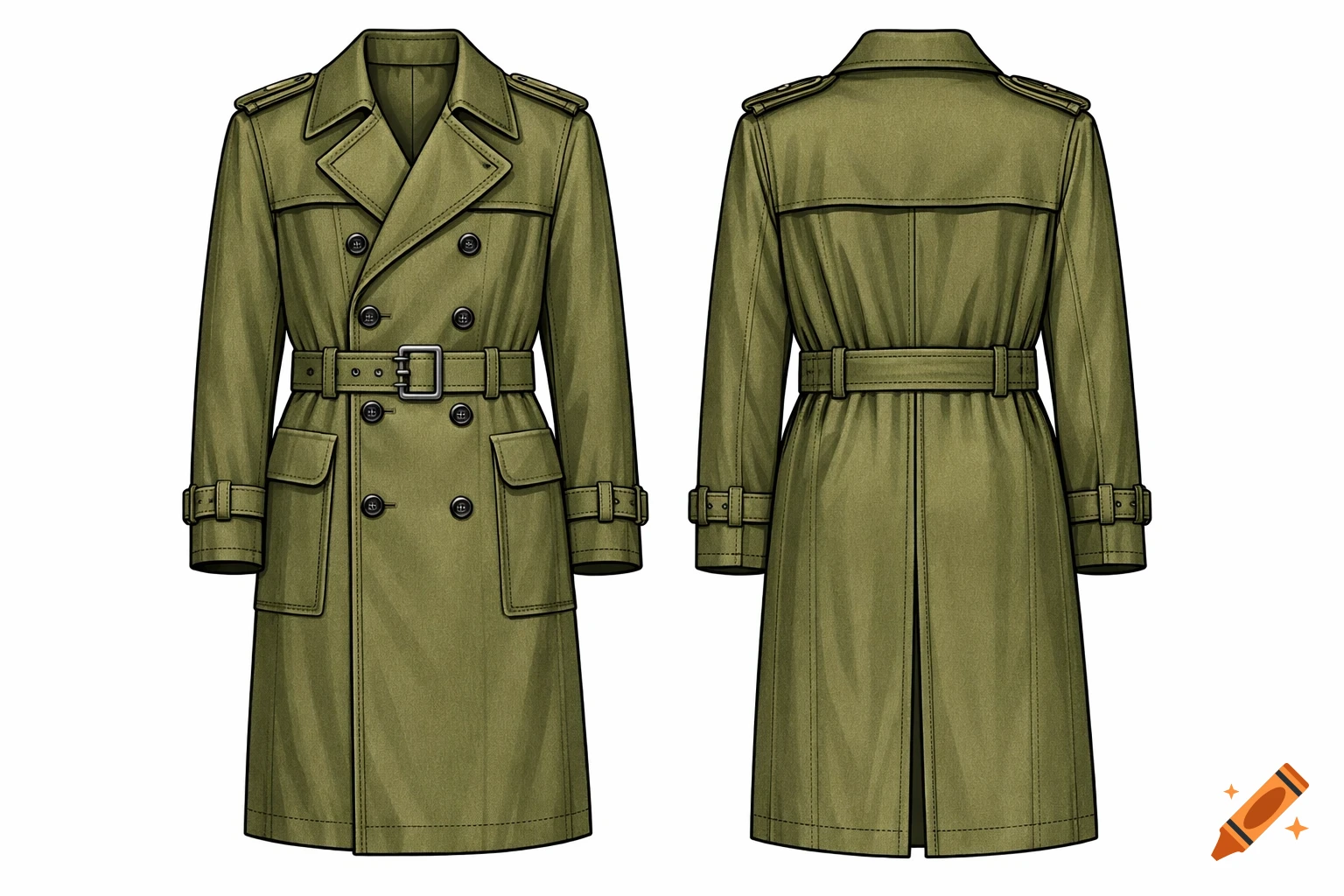 Front and back views of a detailed olive drab double-breasted trench coat with a belted waist in a fashion illustration style.