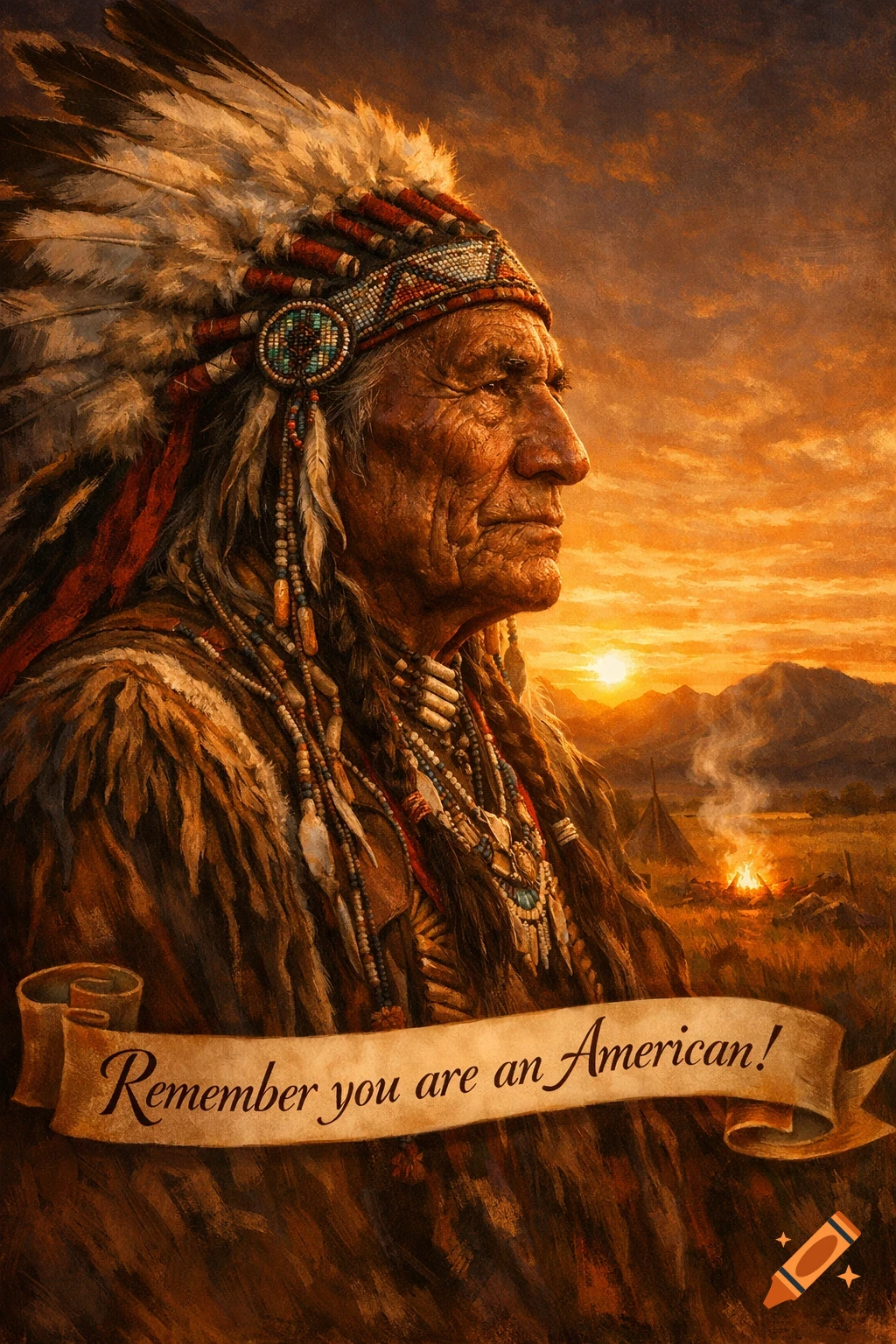 A detailed oil painting of an elderly Native American man in a feathered headdress, looking right towards a sunset over a camp, with a banner that reads 'Remember you are an American!'