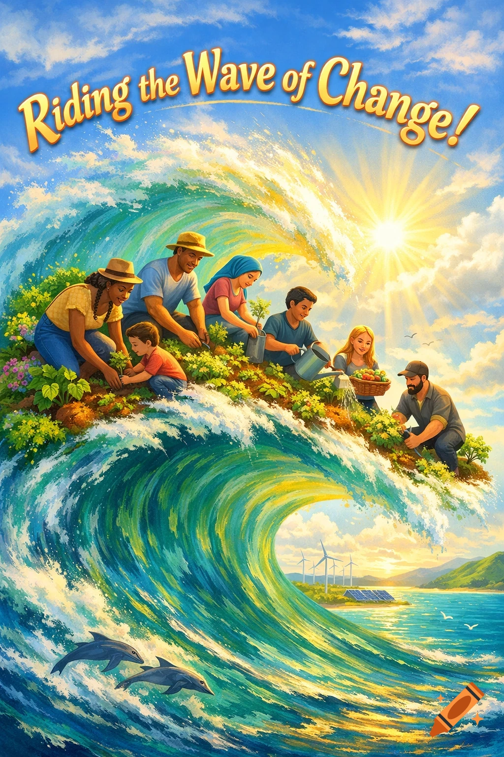A vibrant illustration of a diverse group of people planting on a cresting wave, with dolphins, wind turbines, and solar panels in the background, titled "Riding the Wave of Change!"
