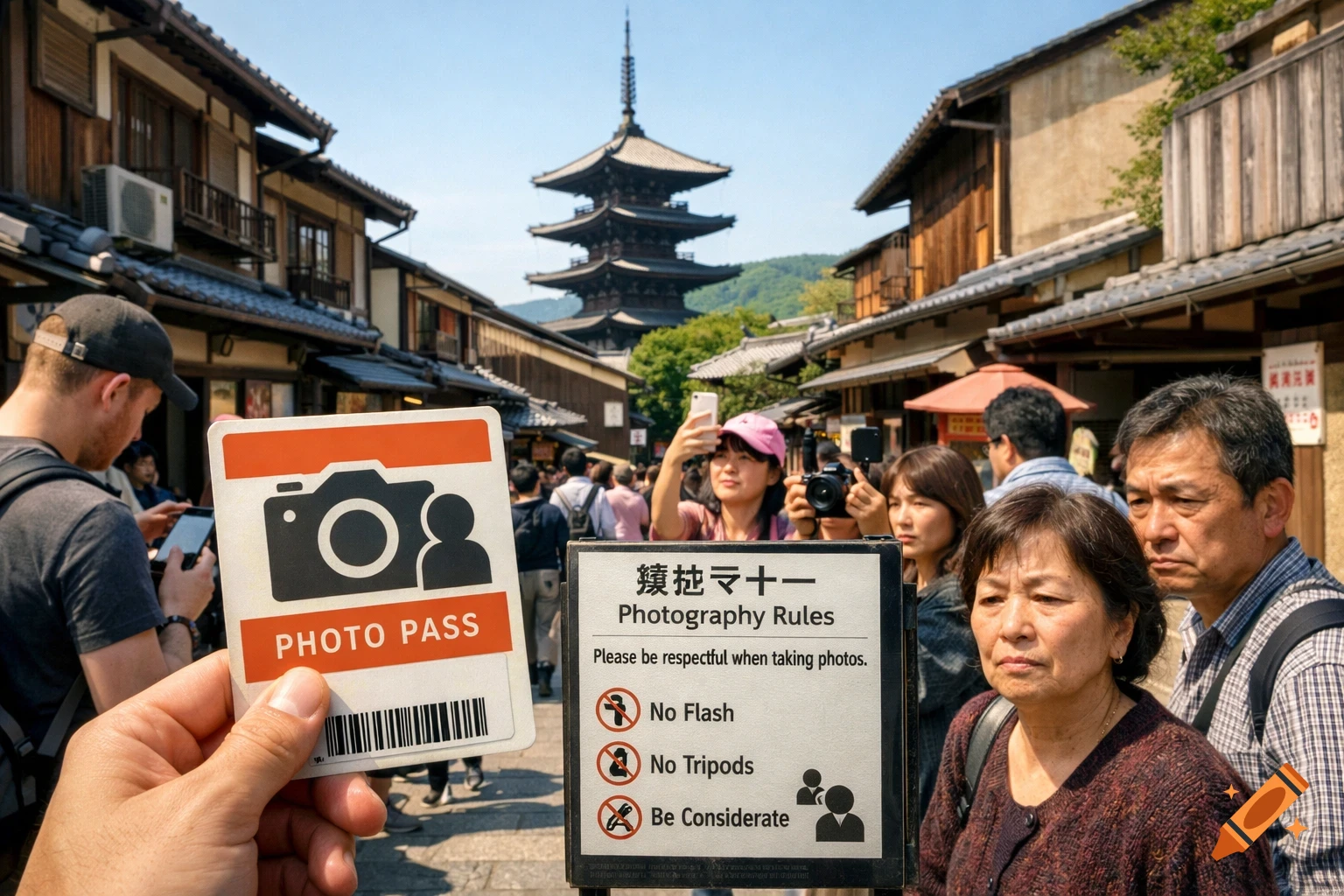 A tourist holds a "PHOTO PASS" in a busy Kyoto street with a pagoda and traditional Japanese buildings in the background.