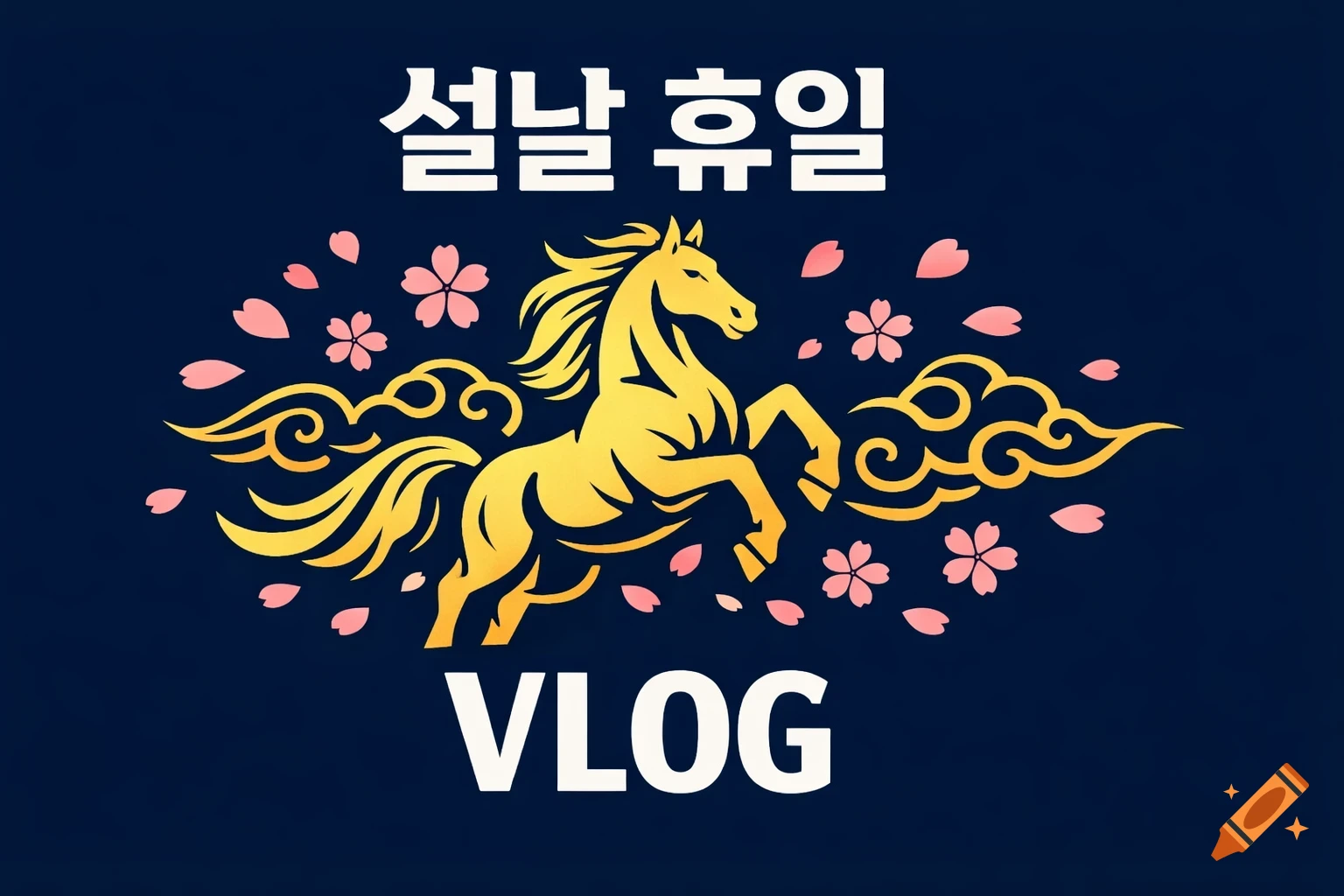 Vibrant golden horse with traditional clouds and cherry blossoms on a dark blue background, with '설날 휴일 VLOG' text.