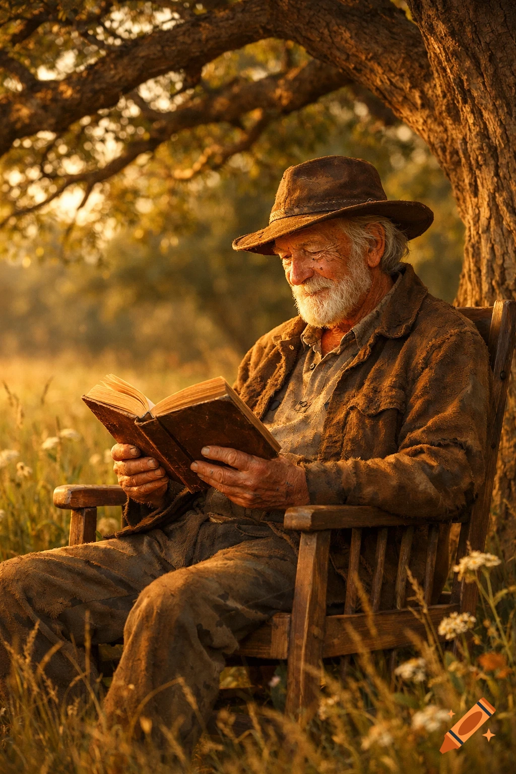 An elderly man with a white beard sits in a wooden chair under a tree, engrossed in reading an old book during golden hour.