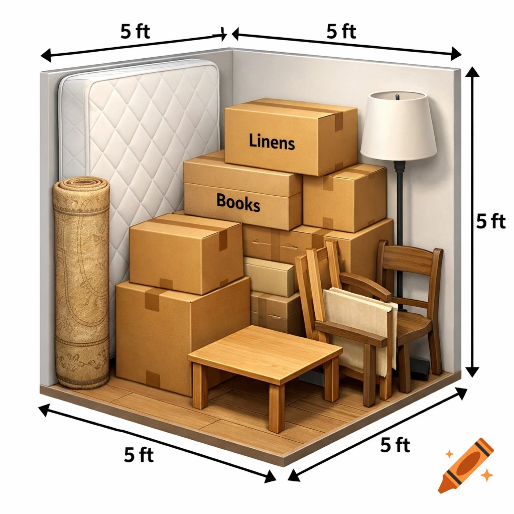 A detailed illustration of a 5x5 ft storage unit packed with moving boxes, a mattress, rolled rug, lamp, and chairs, with dimensions marked.