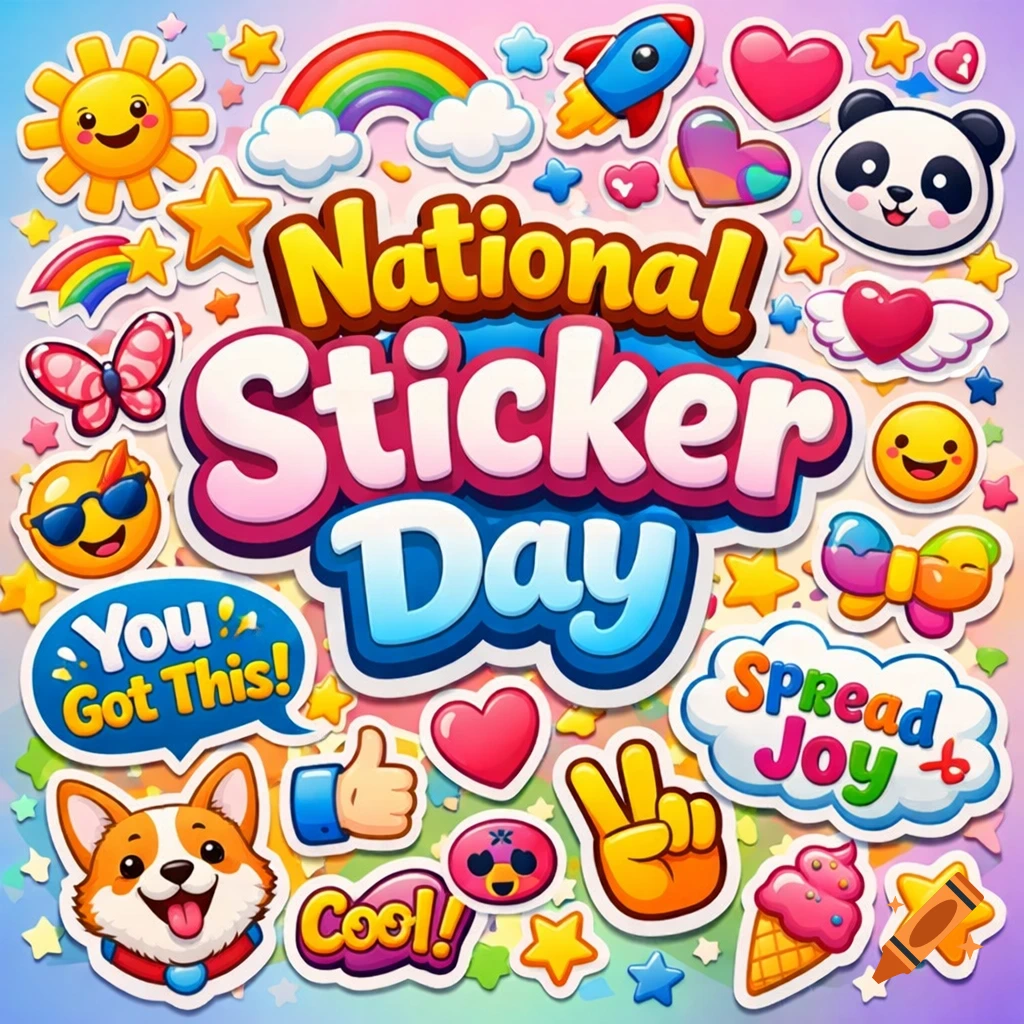 A vibrant collection of cartoon stickers for National Sticker Day, including a sun, rainbow, rocket, panda, corgi, and various positive phrases.