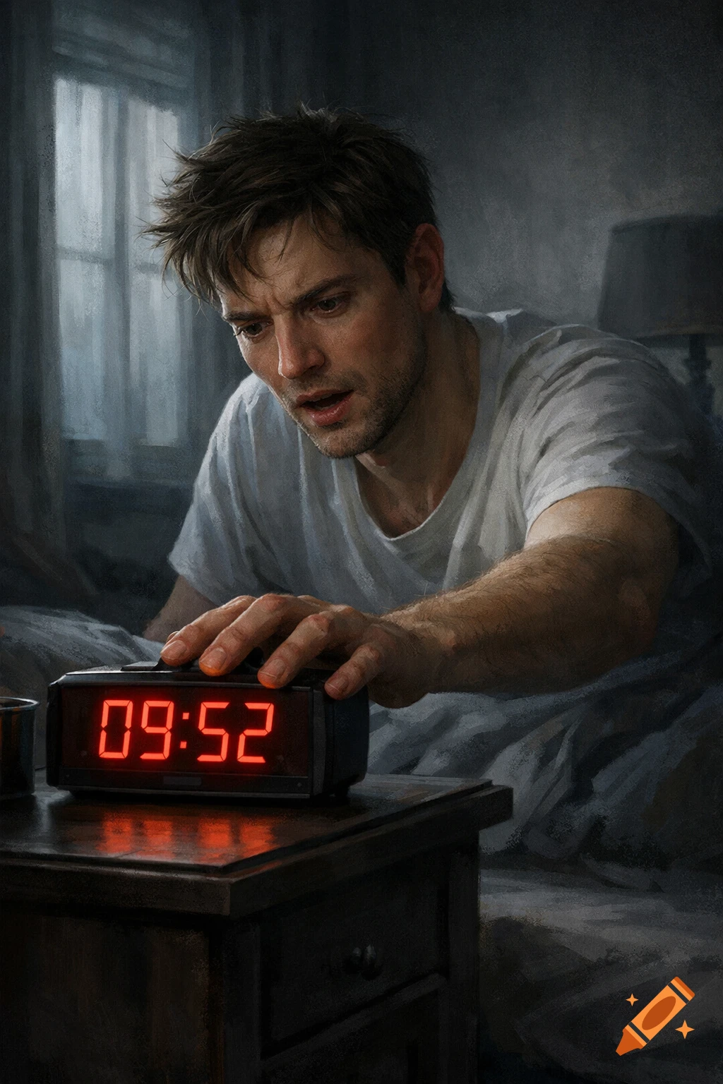 A disheveled man in a dimly lit bedroom reaches to silence a digital alarm clock displaying 09:52. Realistic painting style.