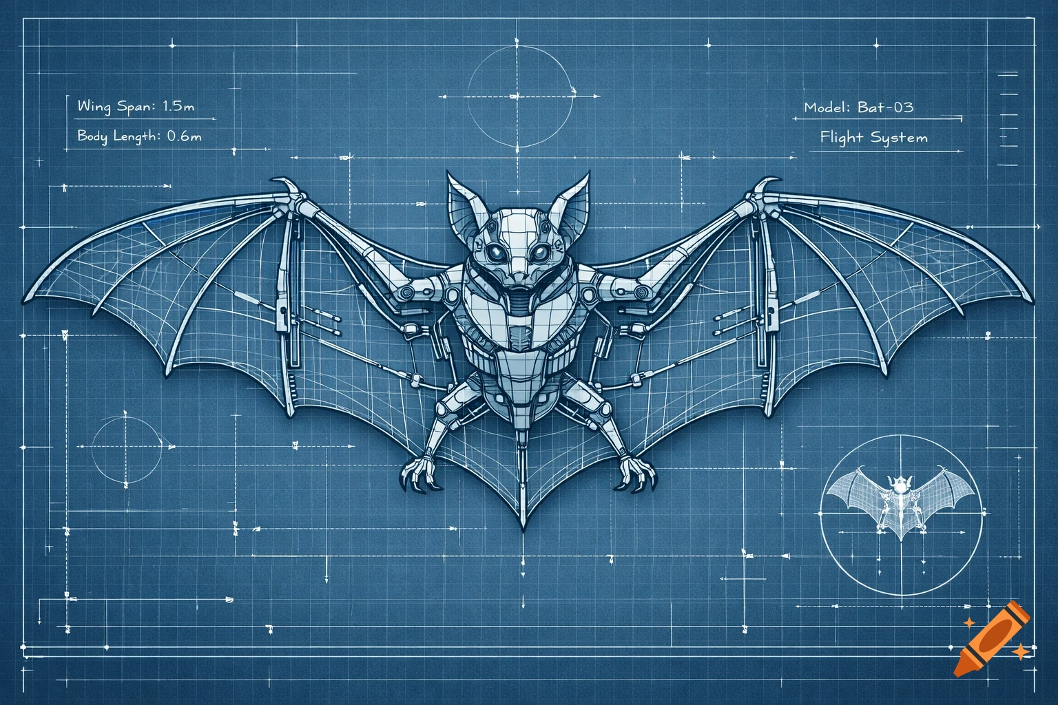 Blueprint illustration of a detailed mechanical bat with wing span and body length specifications, on a blue grid background.