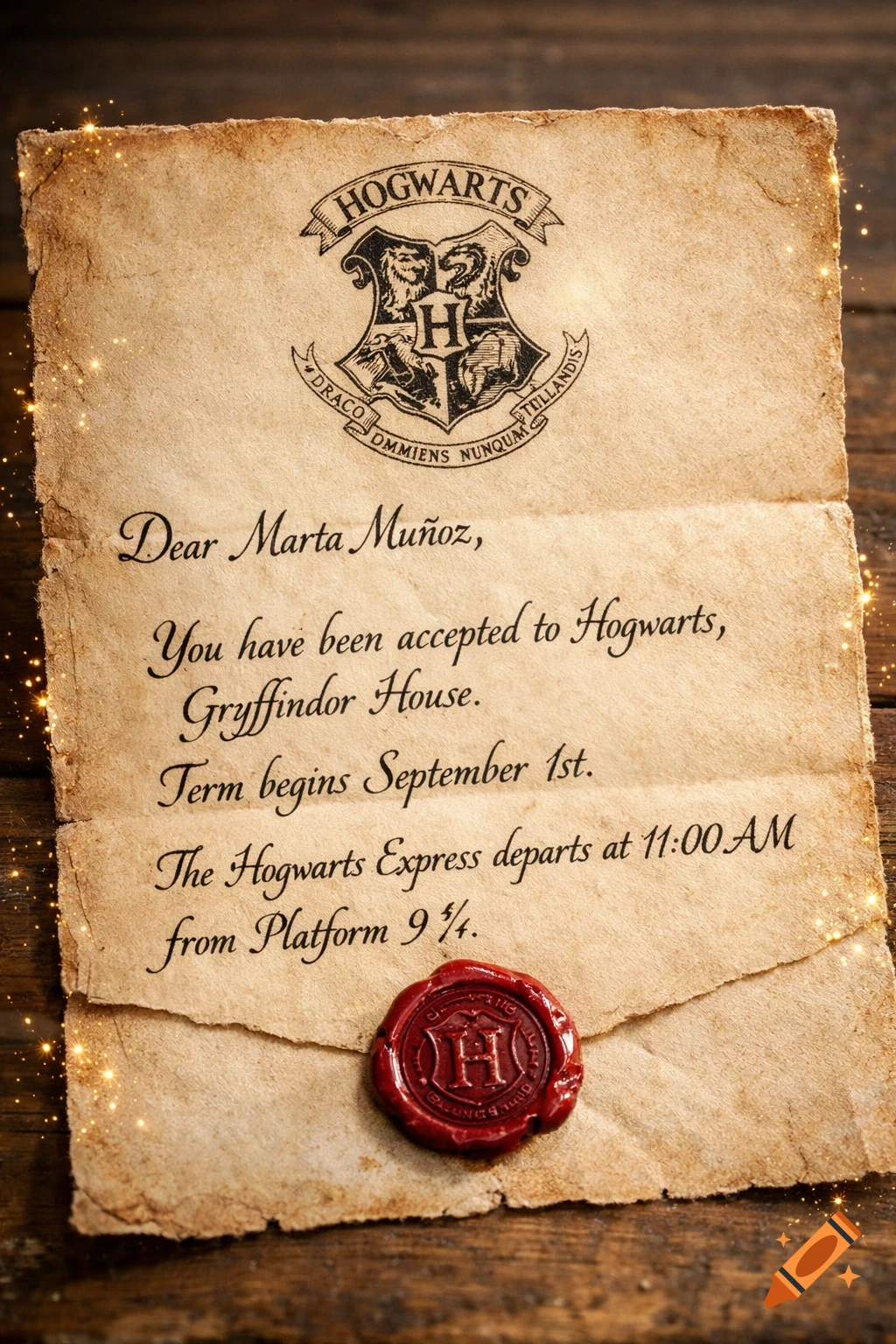 An old, worn Hogwarts acceptance letter on parchment with a red wax seal, Hogwarts crest, and elegant black text, surrounded by magical golden sparkles.