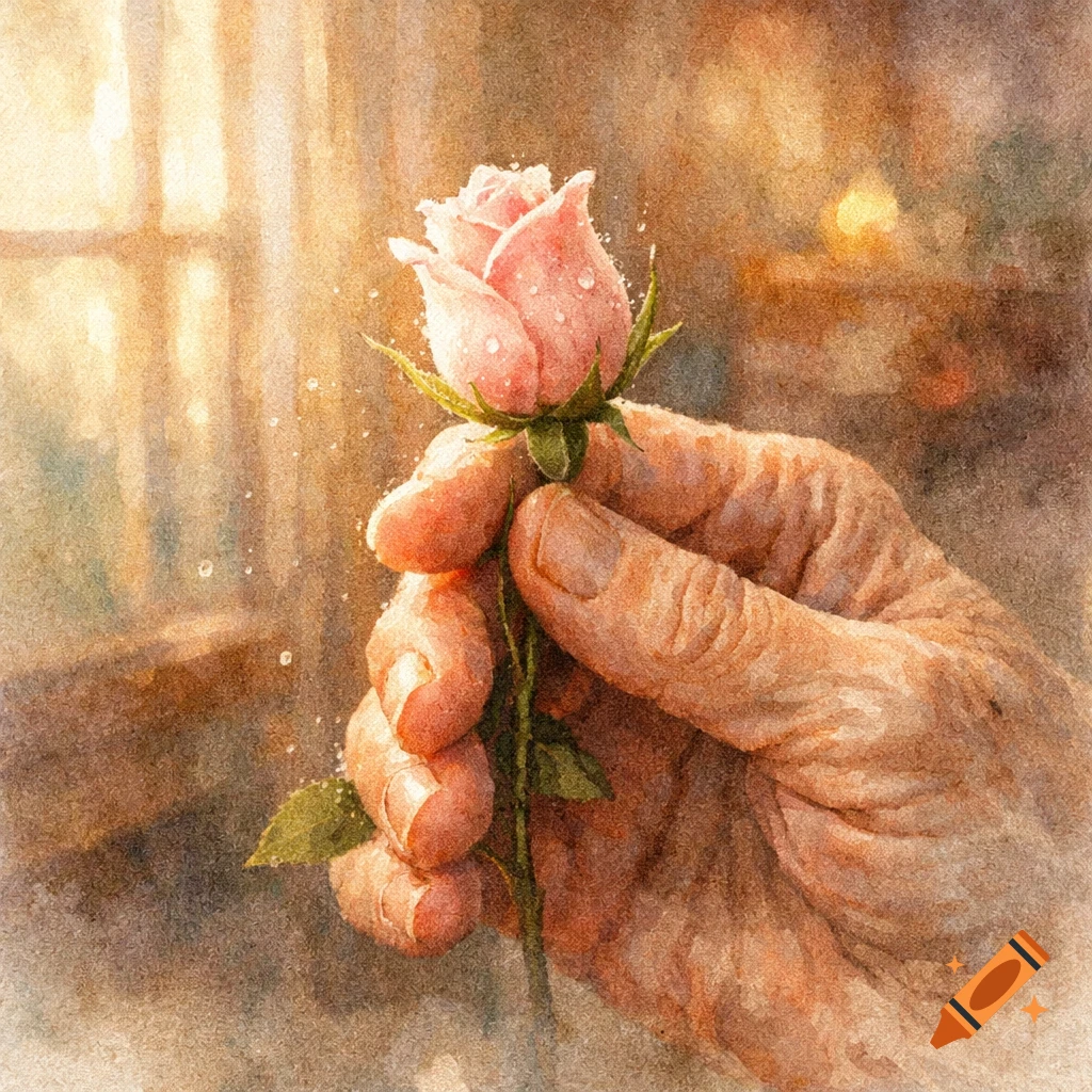 Close-up watercolor painting of a person's wrinkled hand gently holding a single pink rose with water droplets, bathed in warm light.