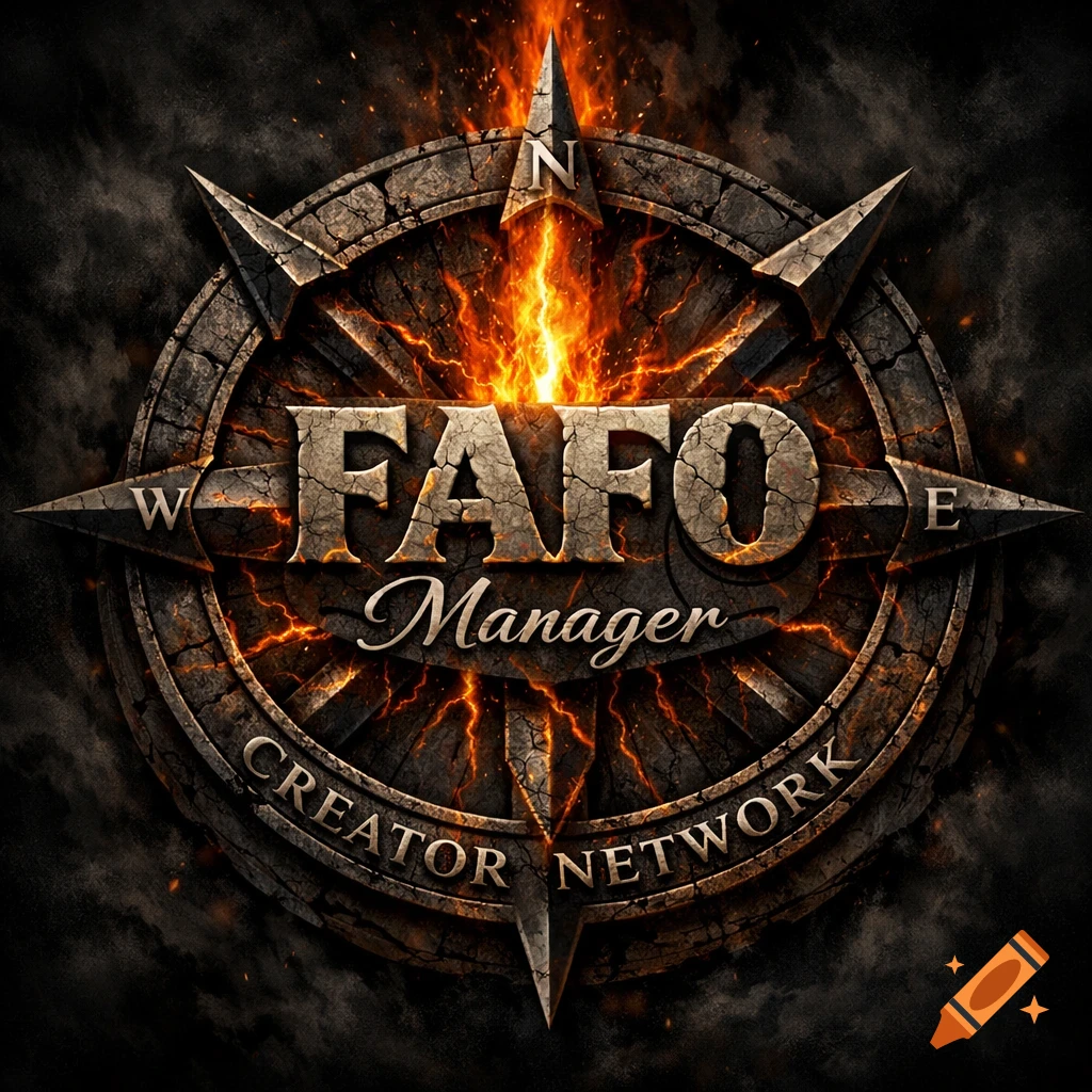 A dark fantasy logo featuring a weathered stone and metal compass with a fiery center. Text reads 'FAFO Manager CREATOR NETWORK' with cardinal directions.