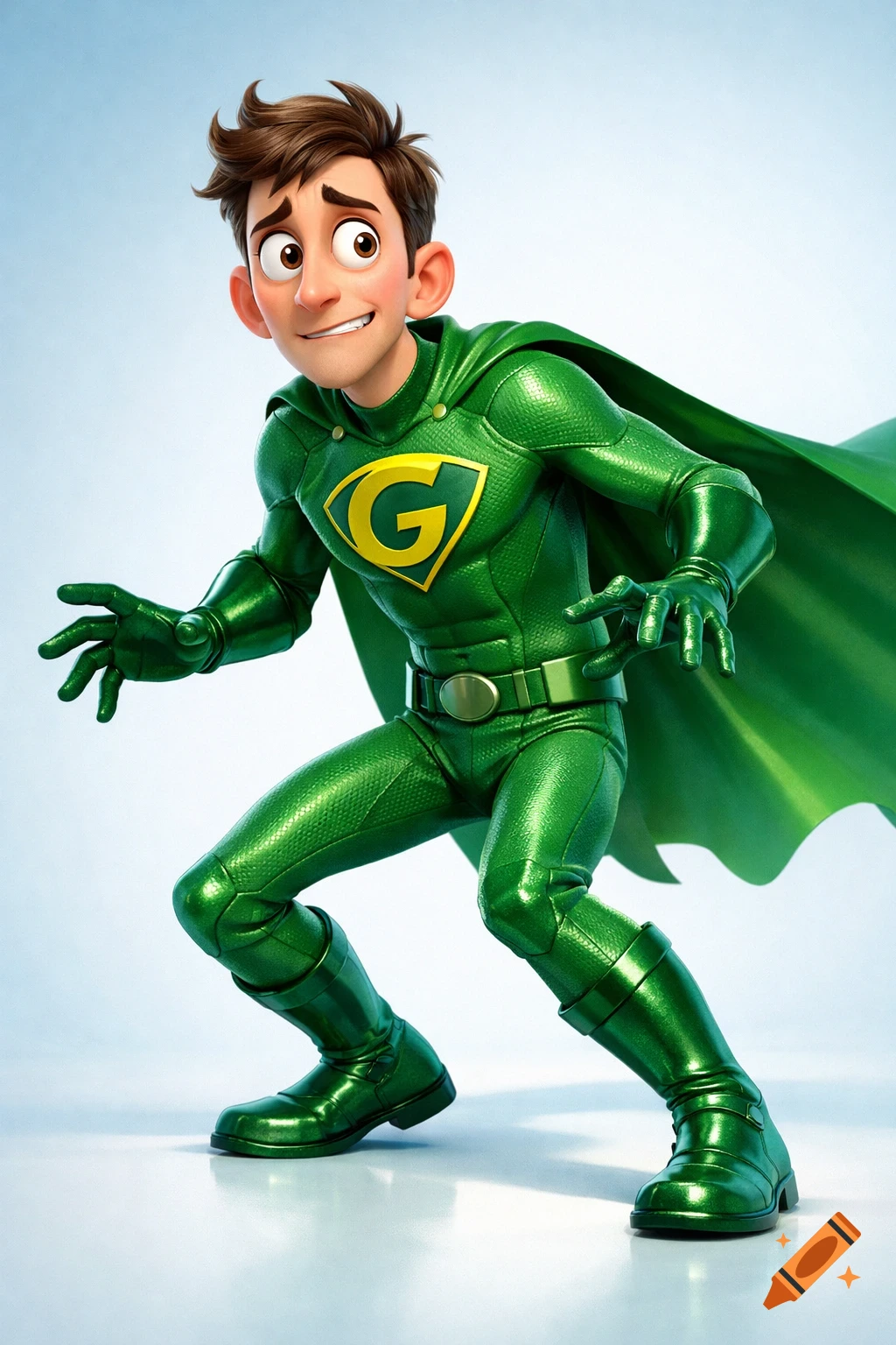 A young, awkward-looking 3D animated superhero with brown hair, wearing a green super suit with a yellow 'G' emblem and a cape, in a crouching pose.