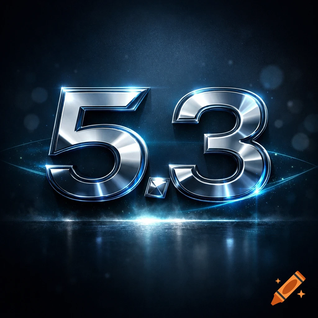 Shiny chrome number 5.3 illuminated with blue light on a dark, reflective surface.