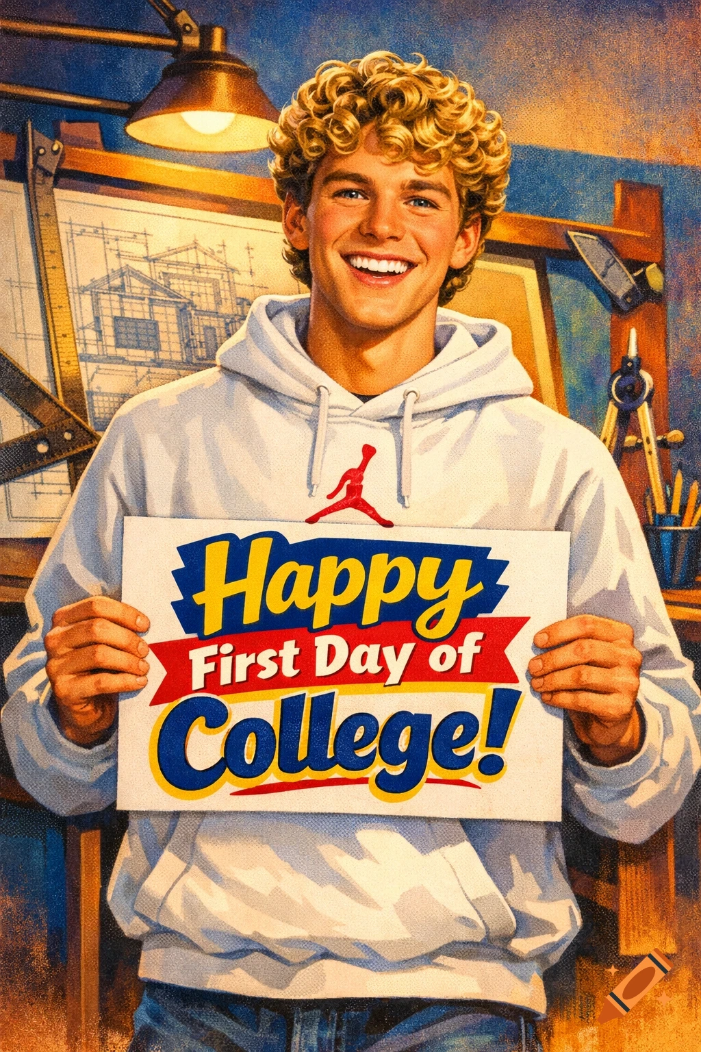 Smiling young man with curly blond hair in a white hoodie holds a 'Happy First Day of College!' sign, surrounded by drafting tools, 90s illustration.