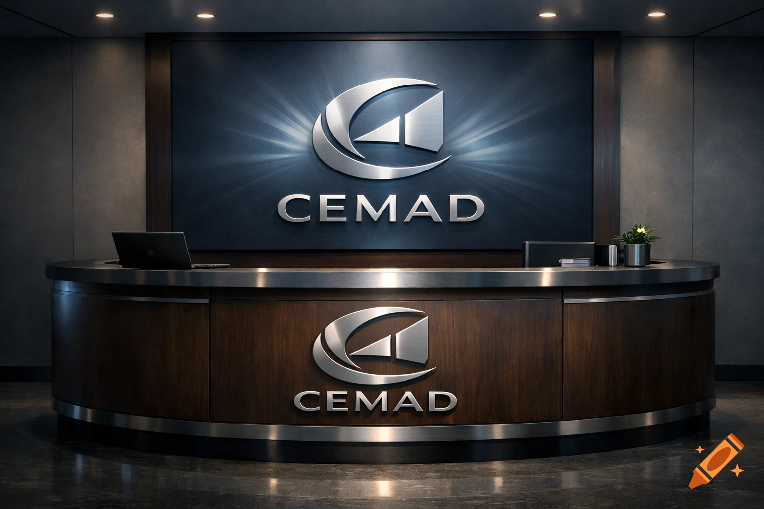 A modern corporate reception desk with a silver 'CEMAD' logo and emblem on a dark wall and the desk front, with a laptop.