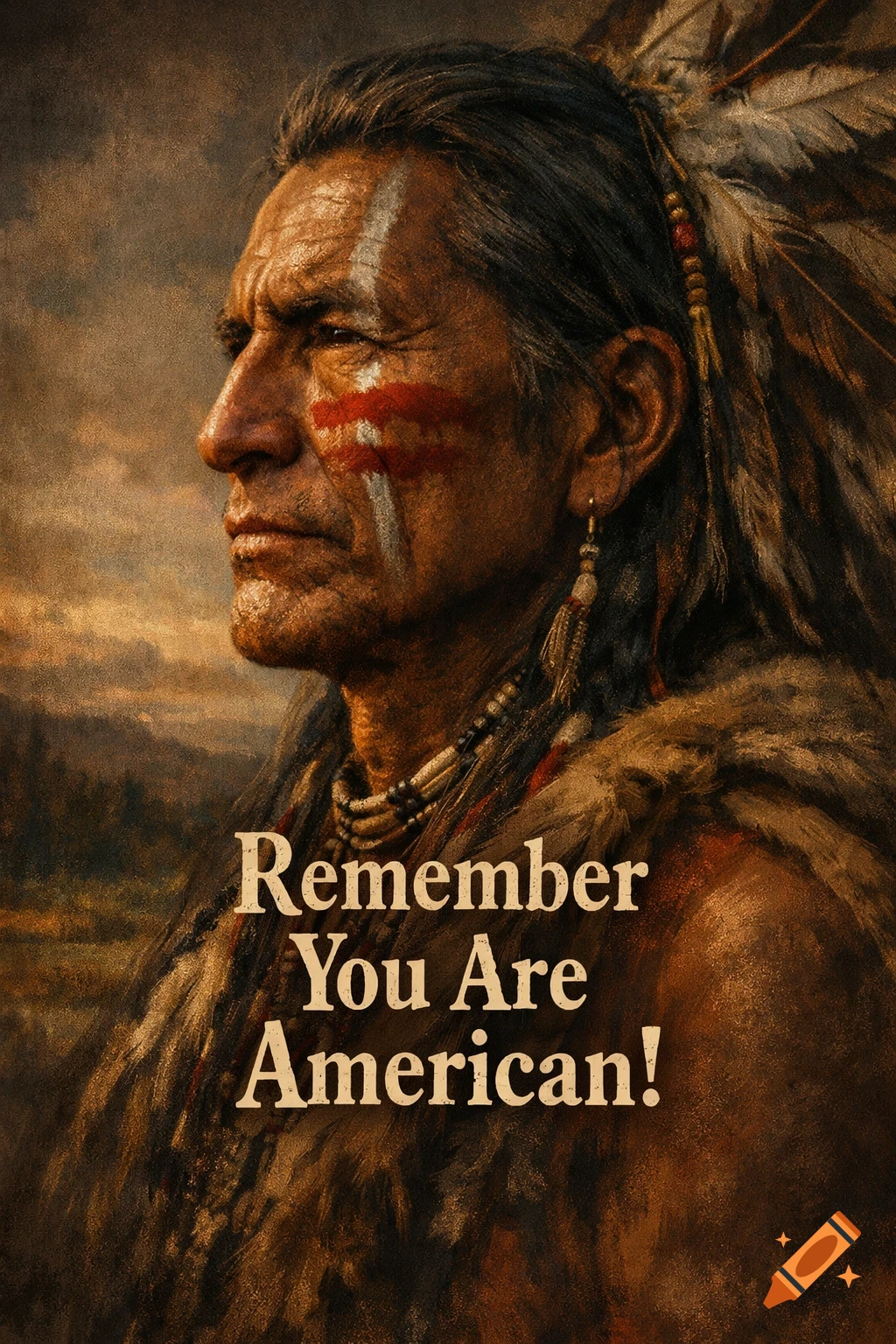 Painting of a Native American man in profile, wearing feathers and facial paint. Text: 'Remember You Are American!'.