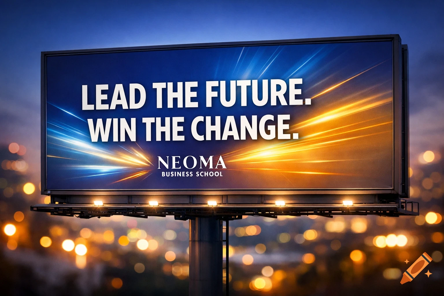 A brightly lit billboard against a dark blue sky, displaying 'LEAD THE FUTURE. WIN THE CHANGE. NEOMA BUSINESS SCHOOL' with city lights blurred in the background.