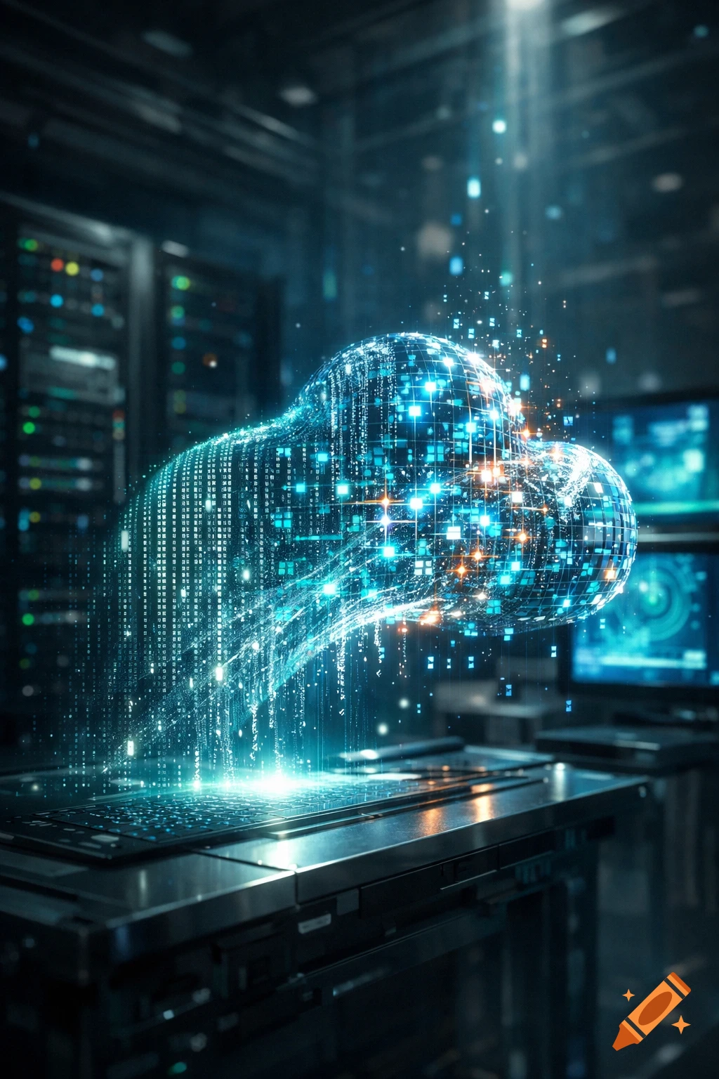 A glowing, pixelated cloud of data streams above a keyboard in a dark, futuristic server room.