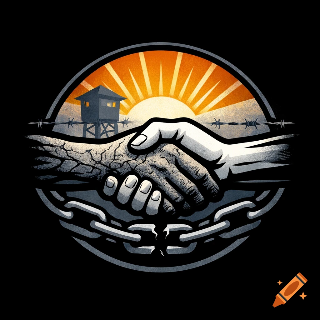 Stylized logo of a handshake, one hand cracked, breaking chains below, against a background of a guard tower, barbed wire, and a rising sun.