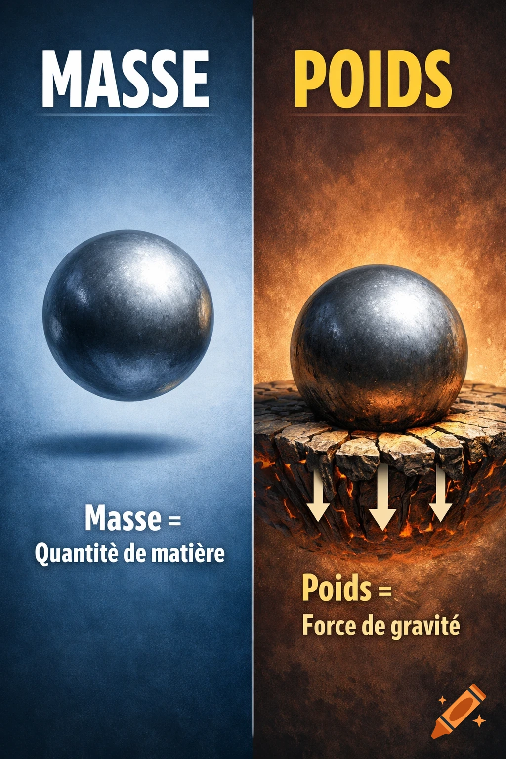 An educational infographic poster in French illustrating the difference between mass and weight with spheres, text definitions, and gravity arrows.