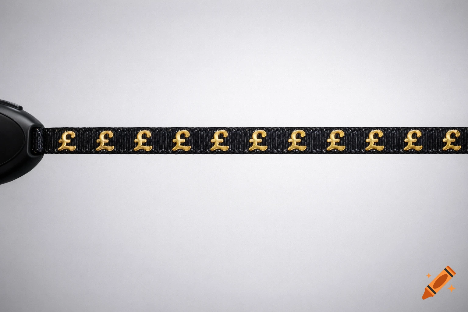 Black extendable dog lead with repeated golden pound symbols stretched horizontally against a white background.
